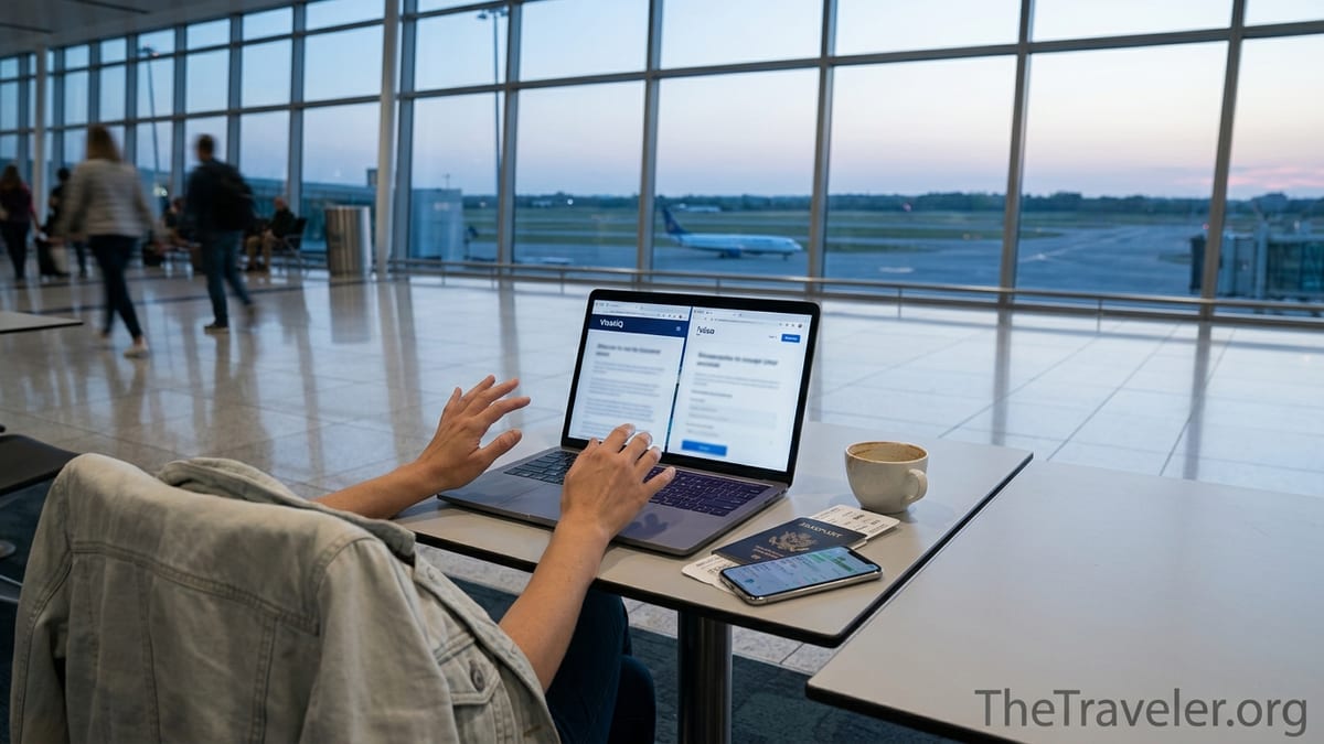 Traveler comparing VisaHQ and iVisa on a laptop at an airport gate.