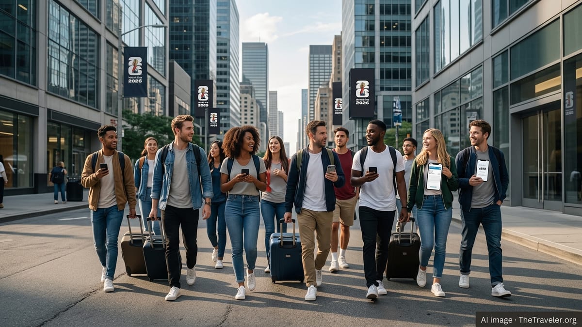 Football fans with luggage checking mobile tickets while walking through a North American city street.