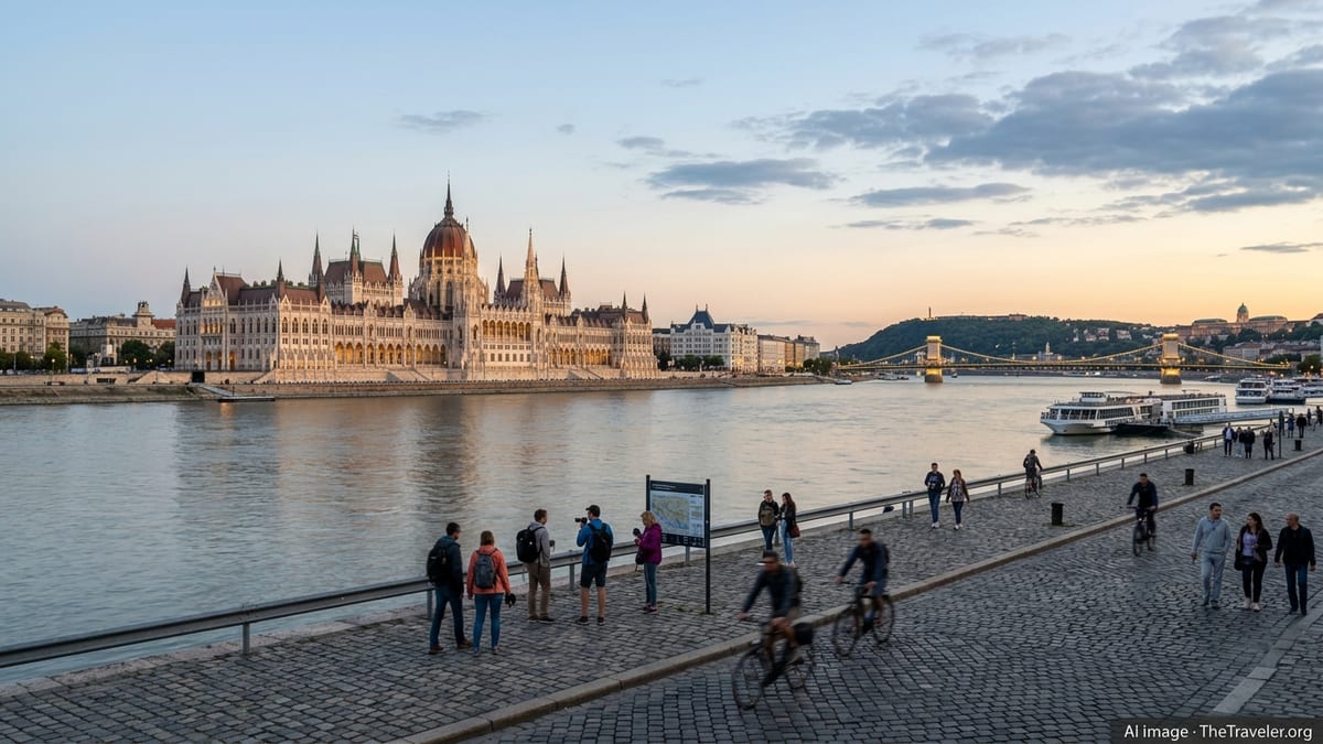 Evening view of Budapest’s Parliament and Chain Bridge over the Danube with travelers along the riverbank.