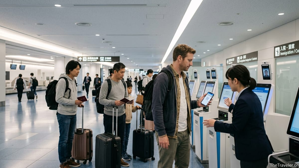 Travelers using QR codes at integrated immigration kiosks in a Japanese airport arrivals hall.