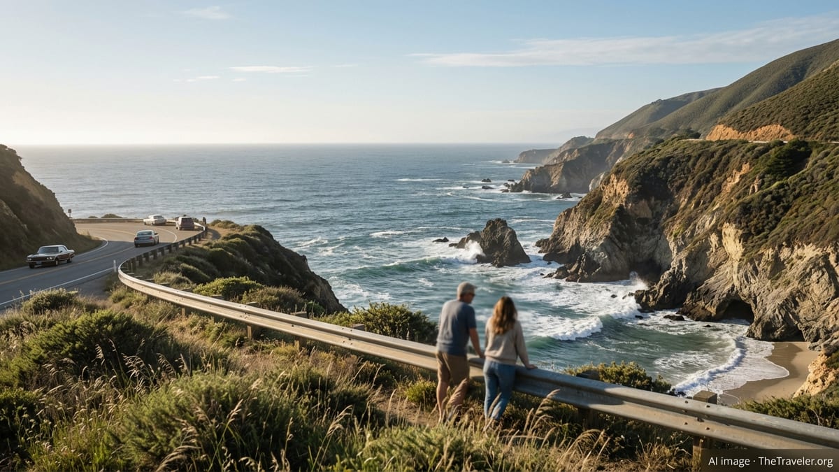 Travelers overlooking the Pacific along California’s Highway 1 at golden hour