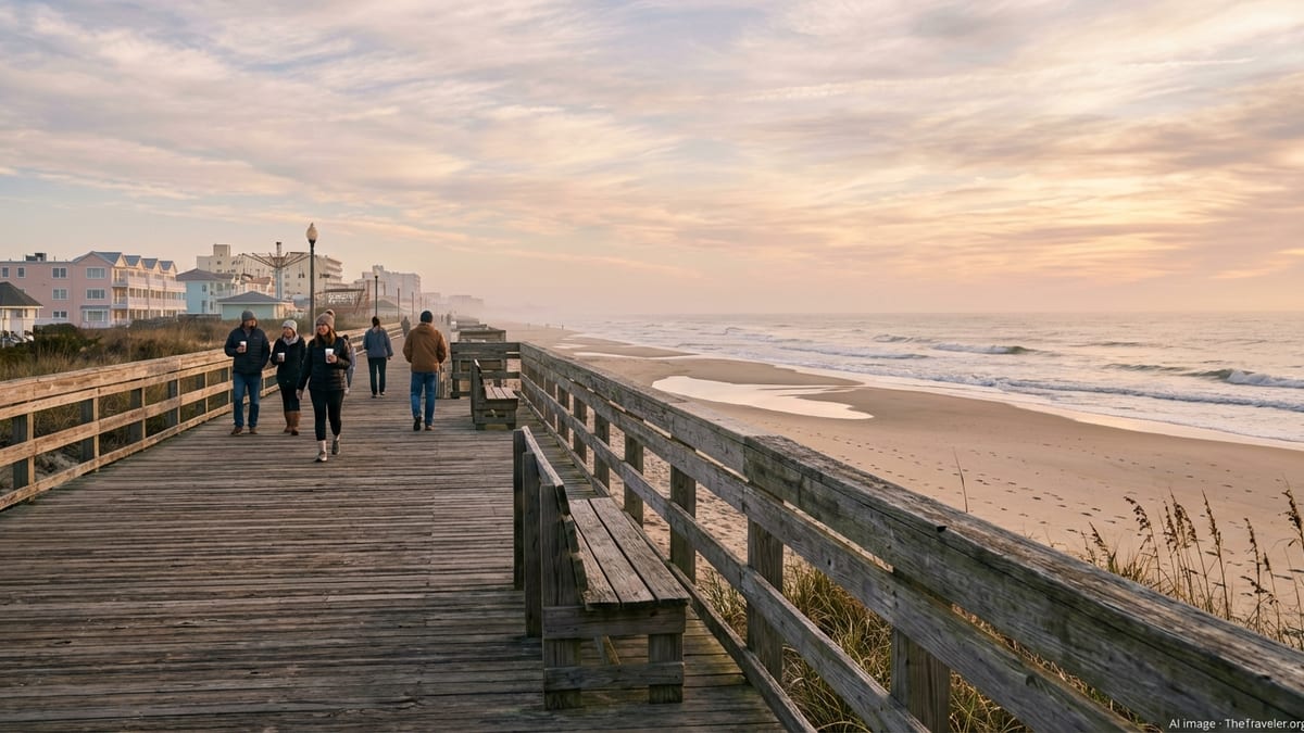 Sunrise over Rehoboth Beach boardwalk in Delaware with quiet walkers and gentle Atlantic waves.