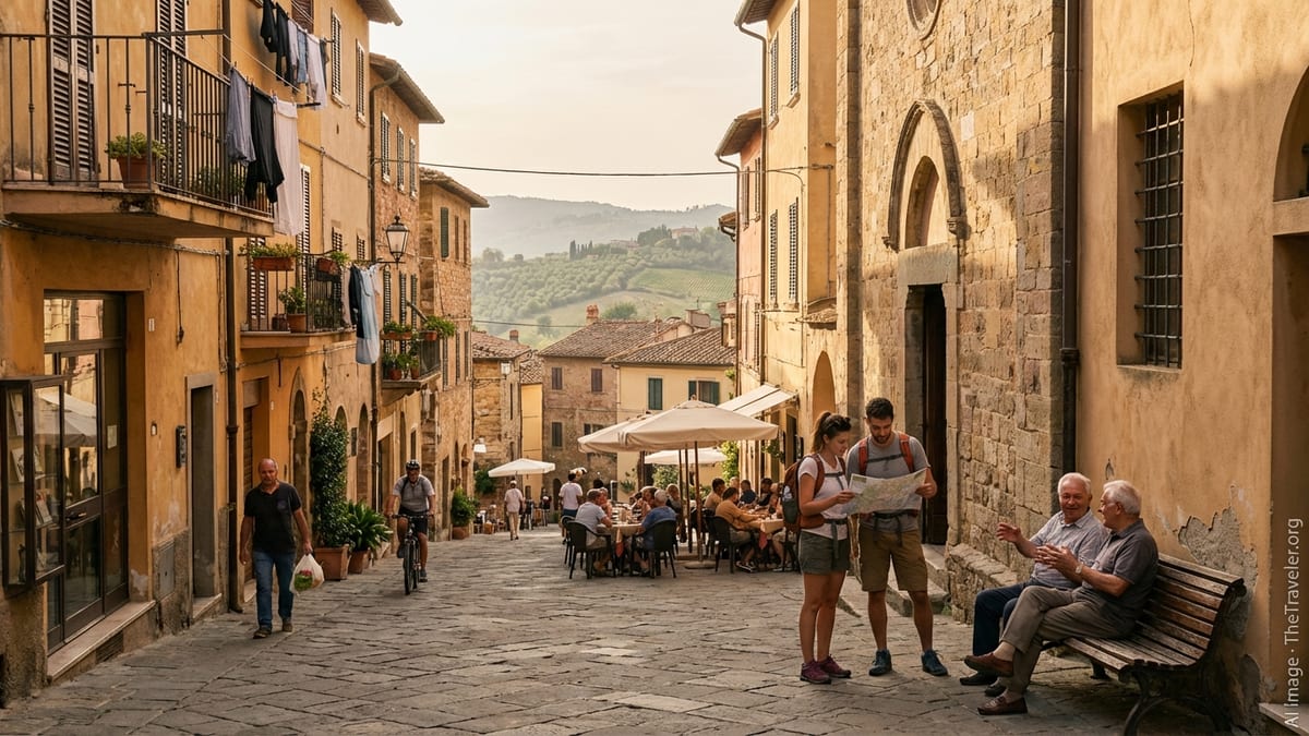 Sunlit Italian hill town street with locals and travelers mingling in a small piazza.