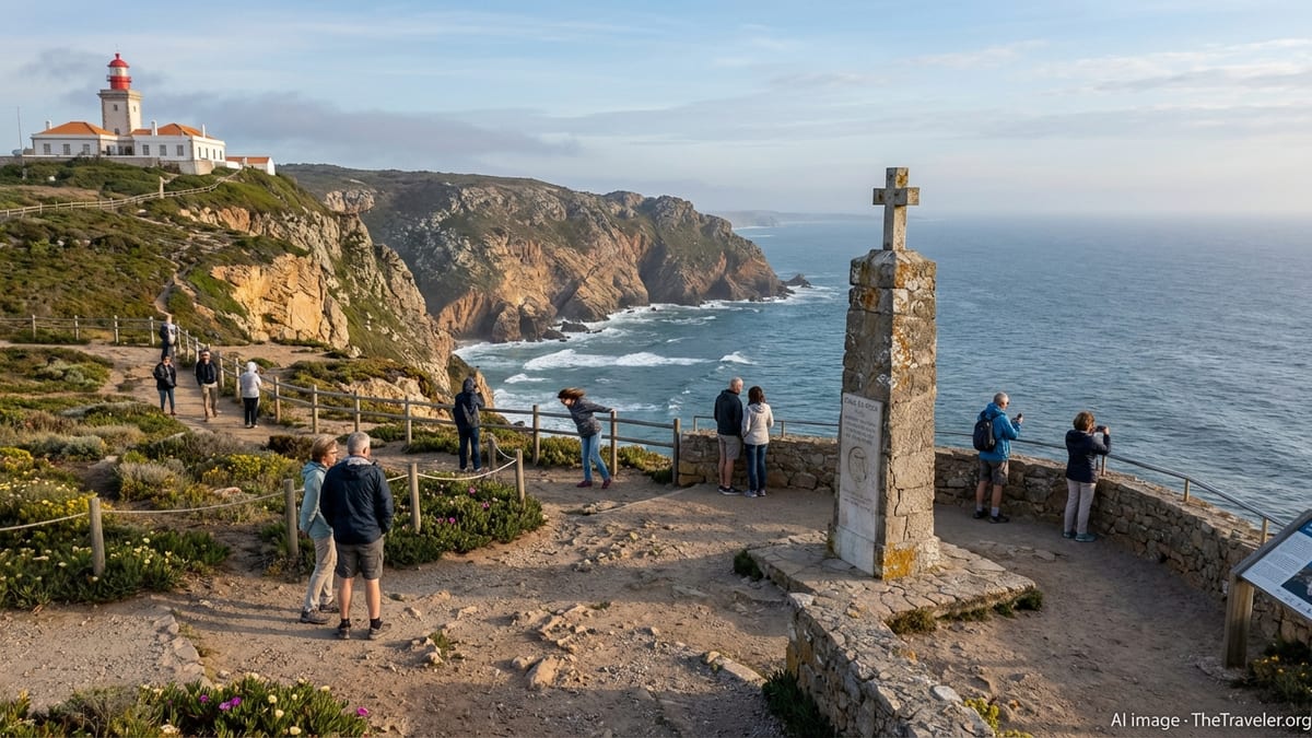 Visitors at Cabo da Roca monument overlooking the Atlantic Ocean and cliffs.
