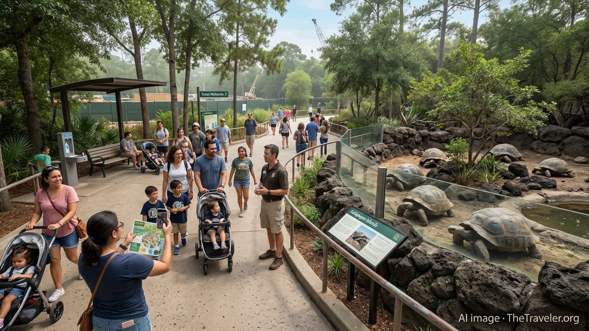 Visitors exploring Galápagos tortoise enclosure at the Houston Zoo.
