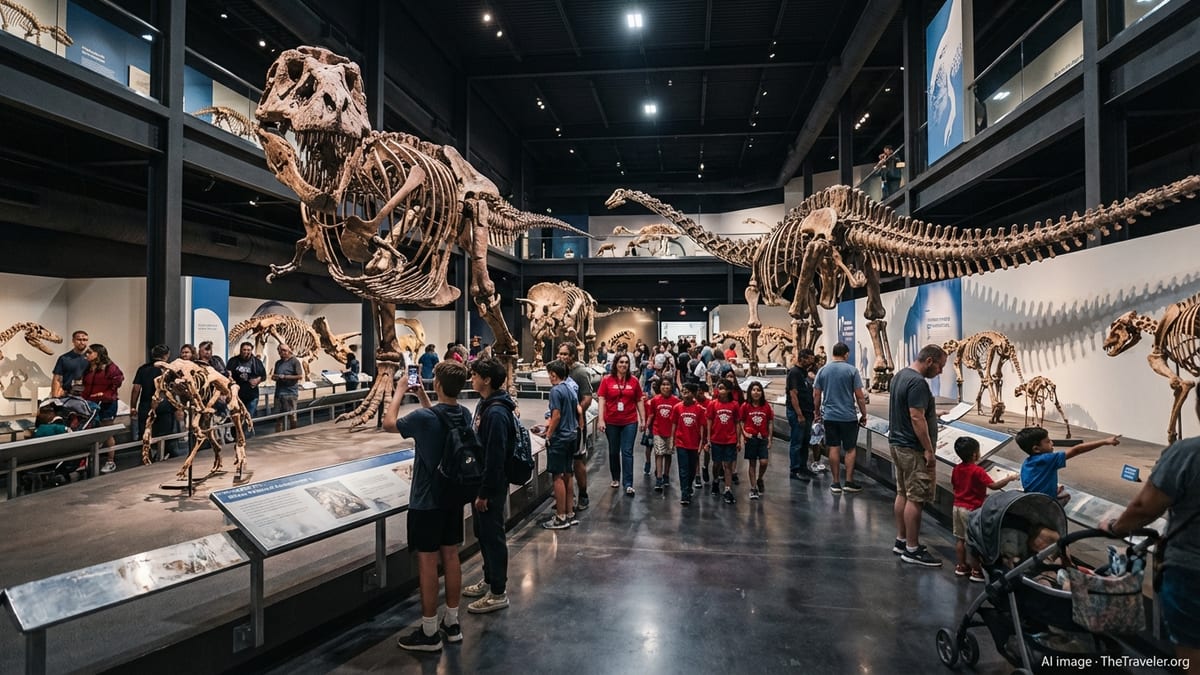 Visitors marveling at dinosaur skeletons in the Morian Hall of Paleontology.