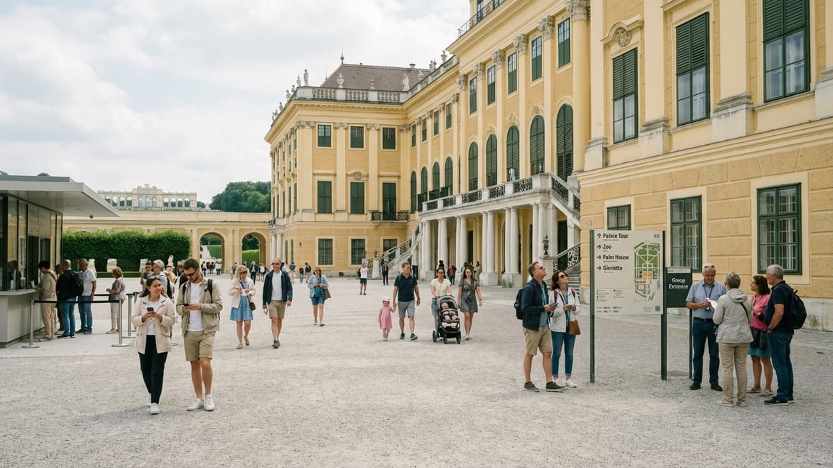 Visitors explore Schönbrunn Palace in Vienna on a bright summer morning.