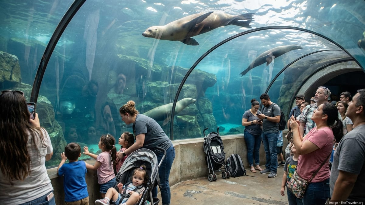 Visitors observing sea lions through underwater tunnel at Houston Zoo's Galápagos exhibit.