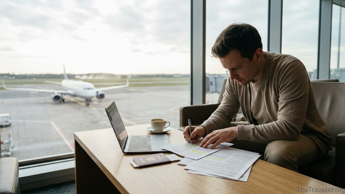 Traveler reviewing printed travel insurance documents in an airport lounge before departure.