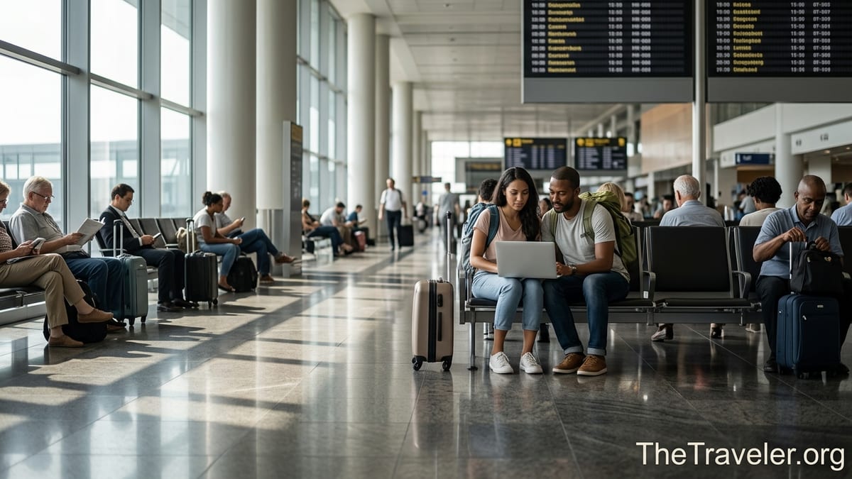 Travelers at an airport reviewing travel insurance on a laptop before an international flight.