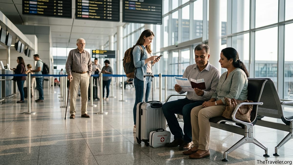 Travelers of different ages review documents in an airport departure hall.
