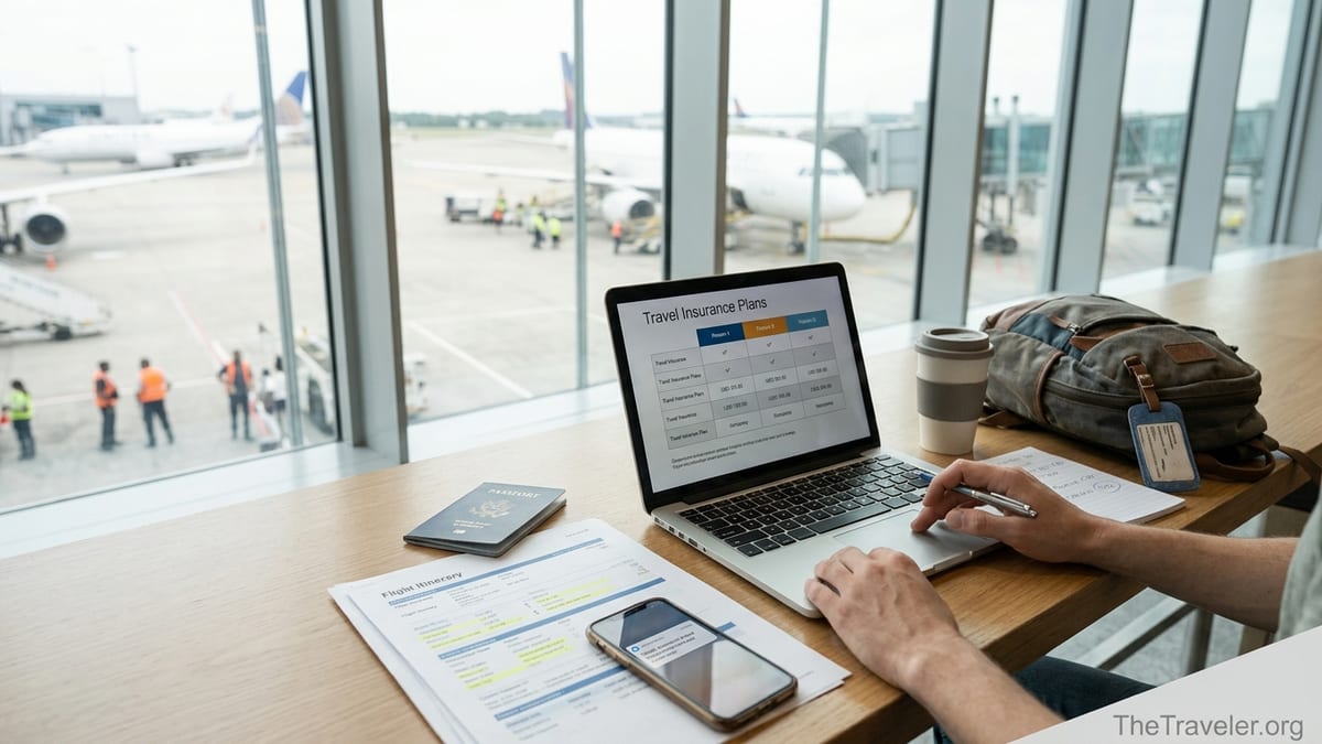 Traveler comparing travel insurance options on a laptop in an airport lounge.