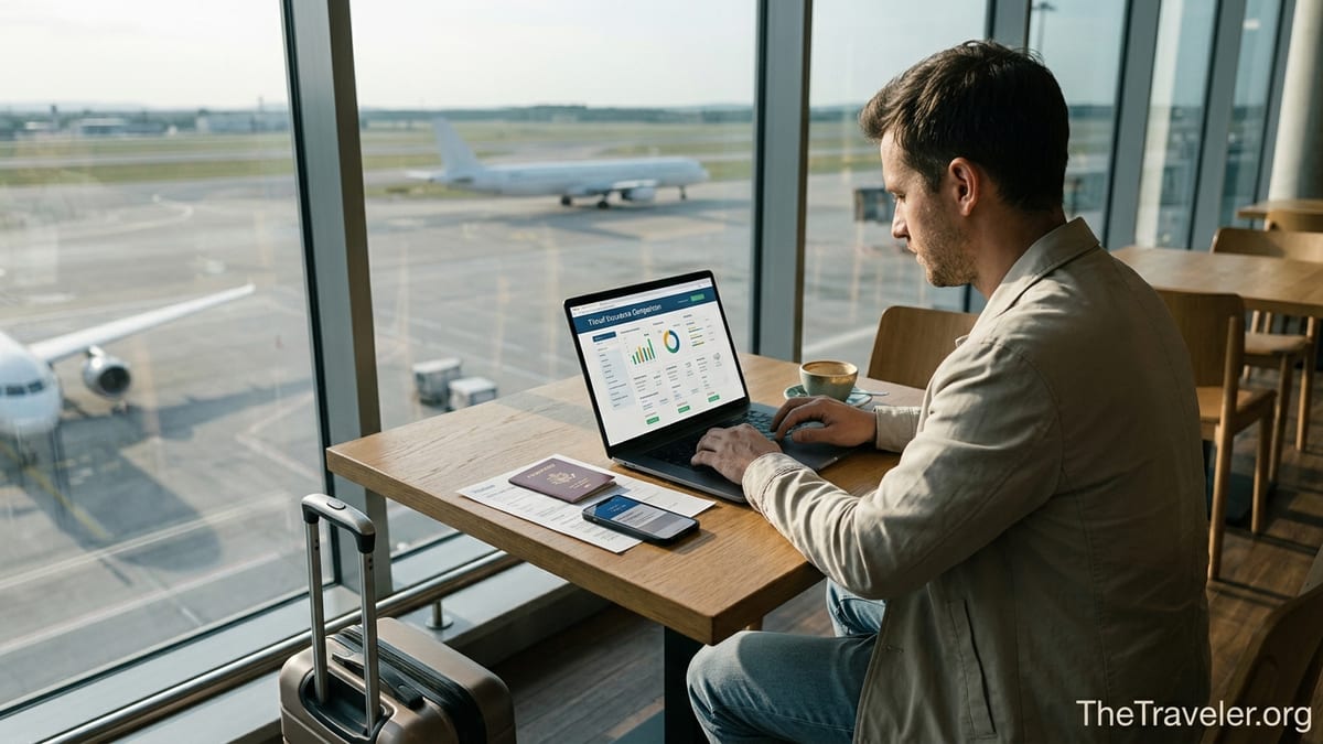 Traveler comparing travel insurance on a laptop in an airport lounge before an international flight.