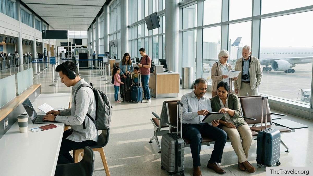 Travelers in an airport lounge reviewing travel insurance documents on phones and tablets.