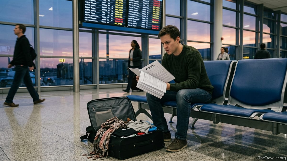 Traveler in airport lounge worriedly reading travel insurance papers near delayed flight board.