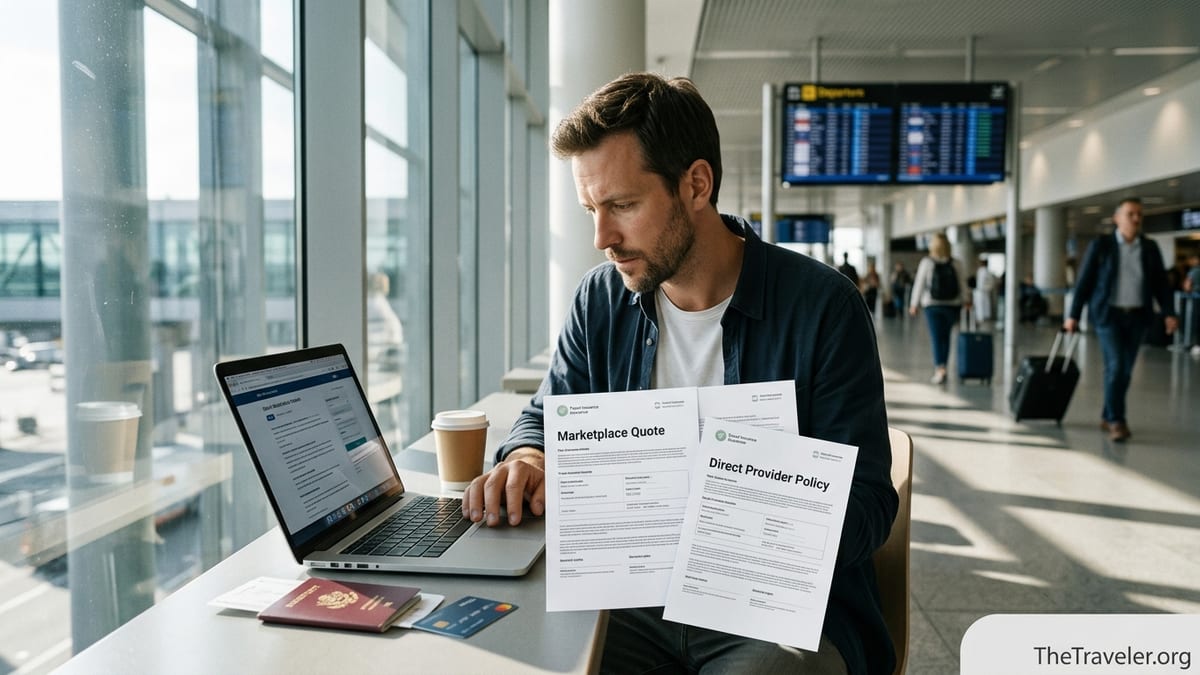 Traveler in an airport comparing travel insurance documents on a laptop at a sunlit table.