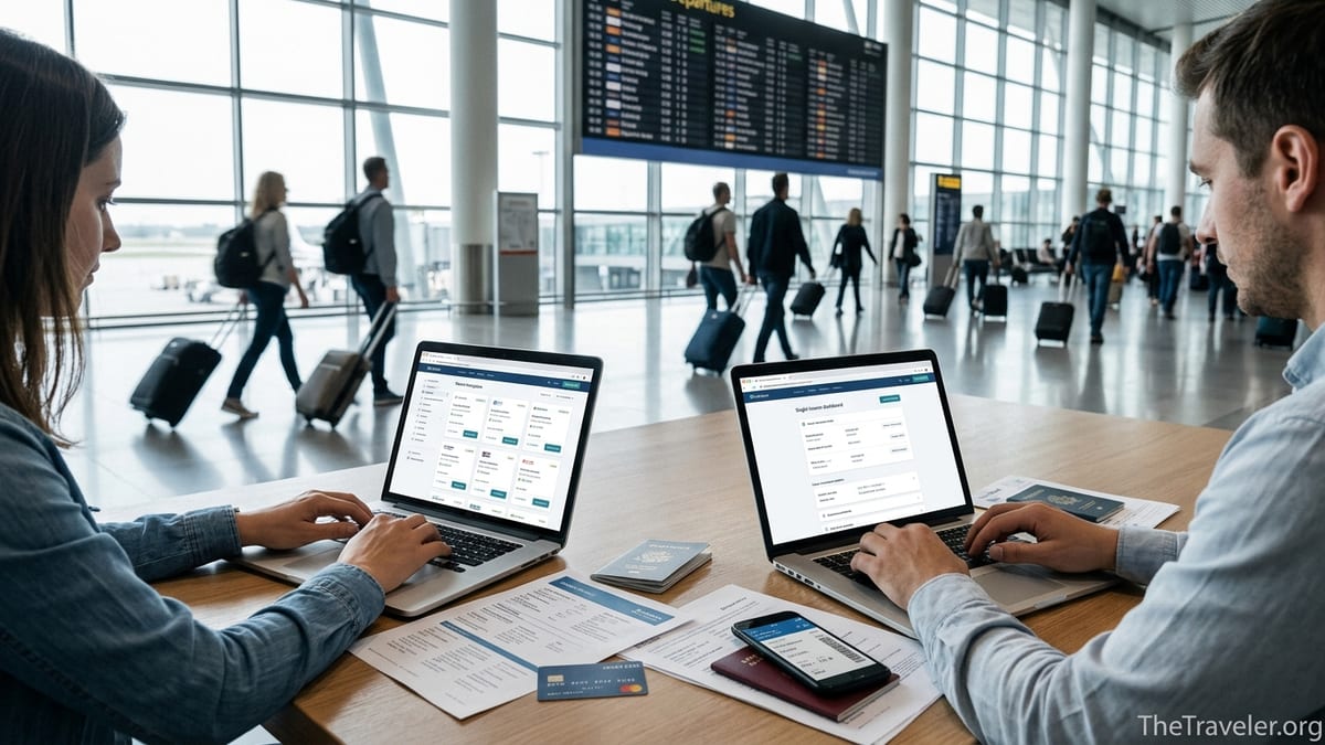 Travelers compare online travel insurance options on laptops in a bright airport terminal.