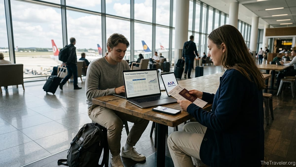 Two travelers in an airport lounge comparing travel insurance on a laptop and phone.