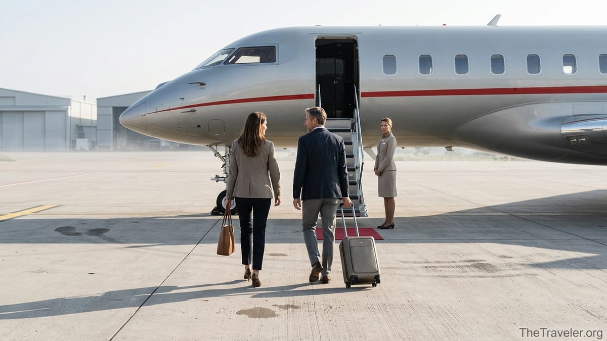 Executives walking toward a silver VistaJet Global jet on a sunlit airport apron.