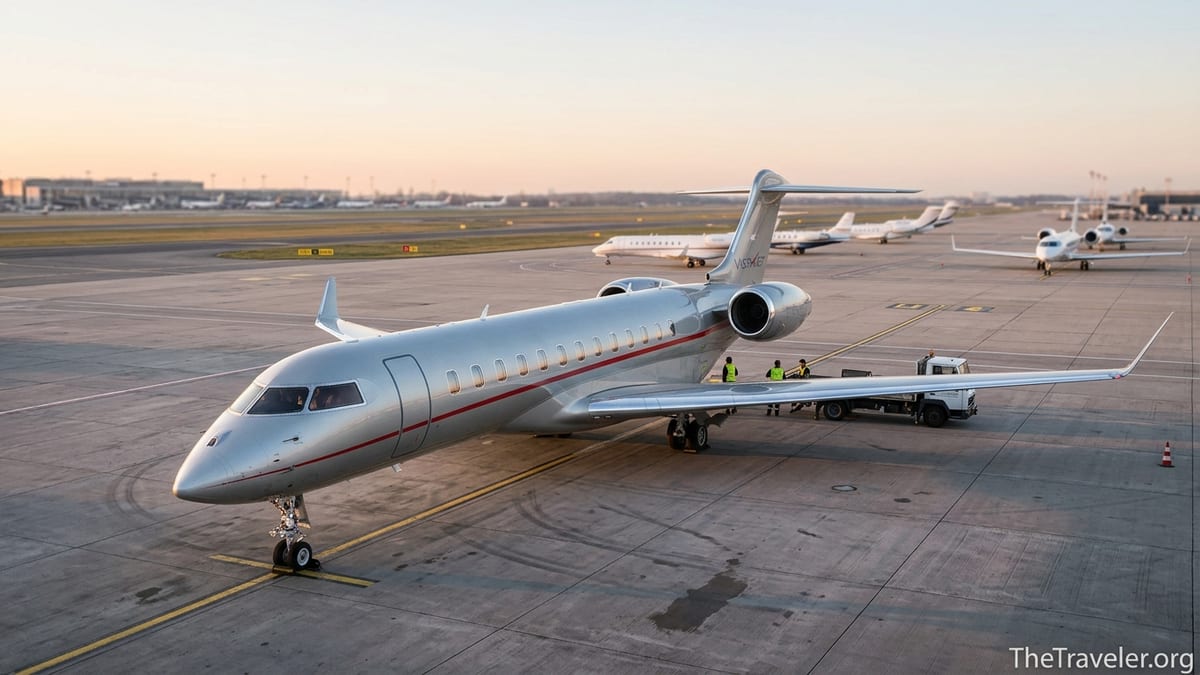 VistaJet Global 7500 parked at sunrise on an airport ramp with crew preparing for departure.