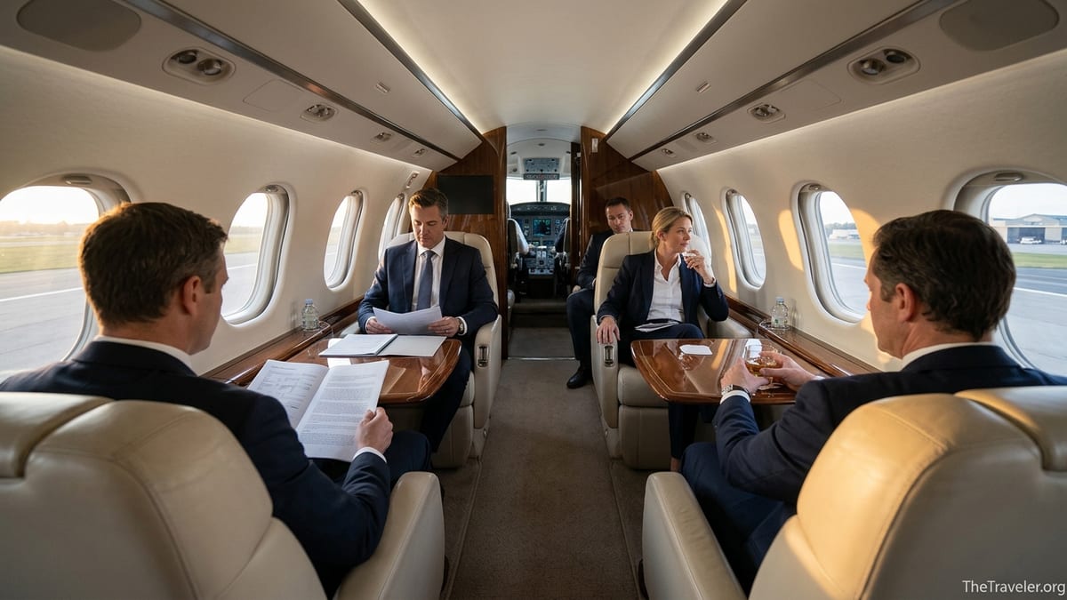 Passengers relaxing in a spacious private jet cabin during sunset taxi on the runway.