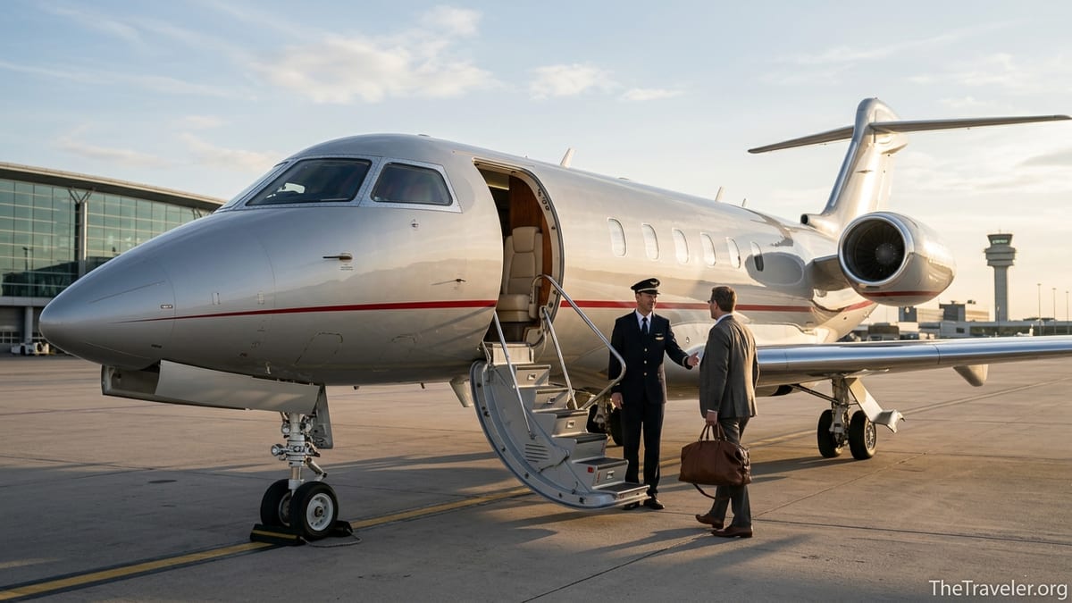 VistaJet silver private jet with red stripe boarding a passenger at sunset on a quiet airport apron.