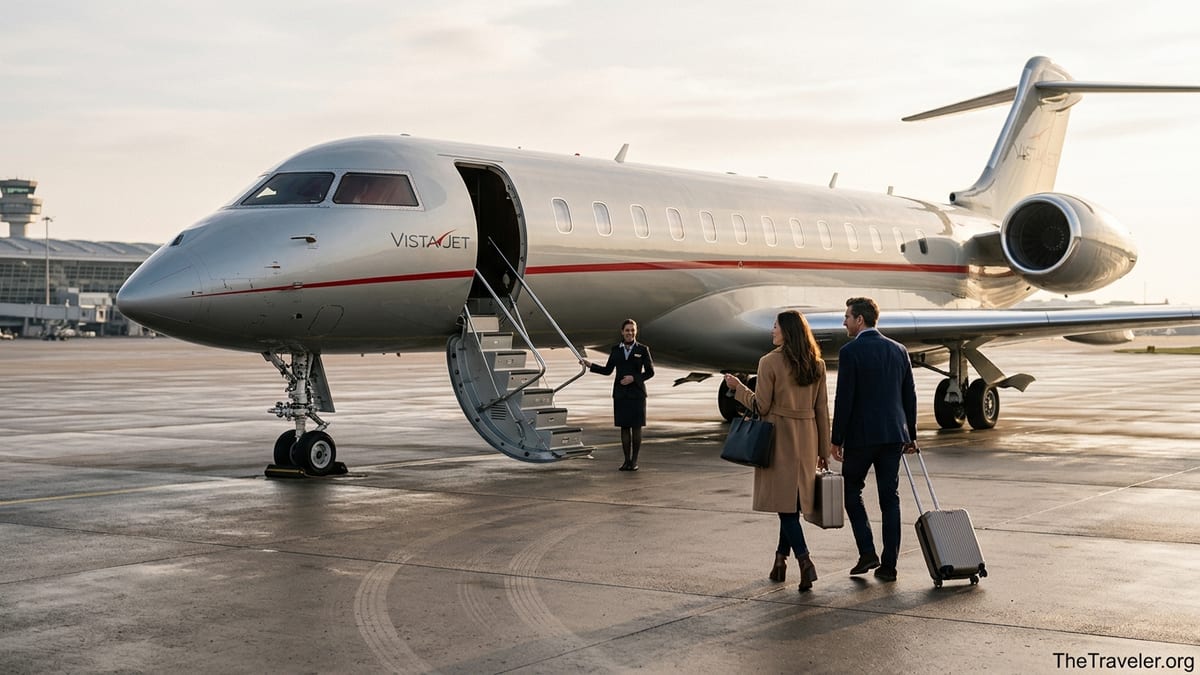VistaJet silver private jet on airport tarmac at sunset with couple boarding