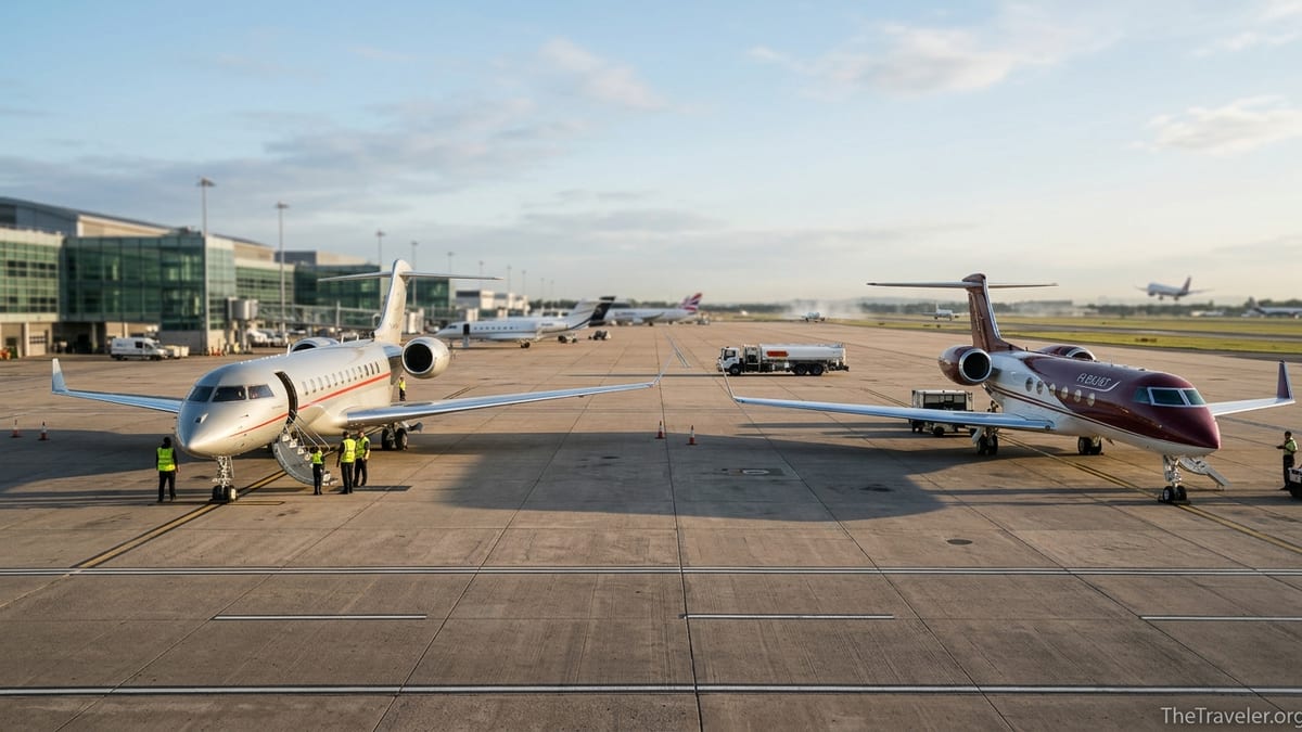VistaJet and Flexjet private jets parked side by side on a quiet airport ramp at sunrise.