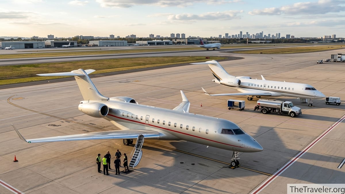 VistaJet-style and NetJets-style private jets on a busy airport apron at golden hour.