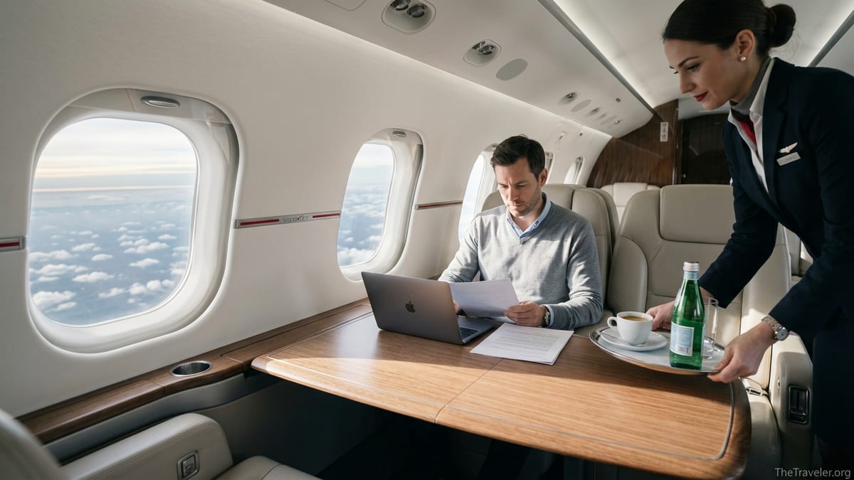VistaJet cabin with passenger working and cabin host serving drinks in soft daylight.