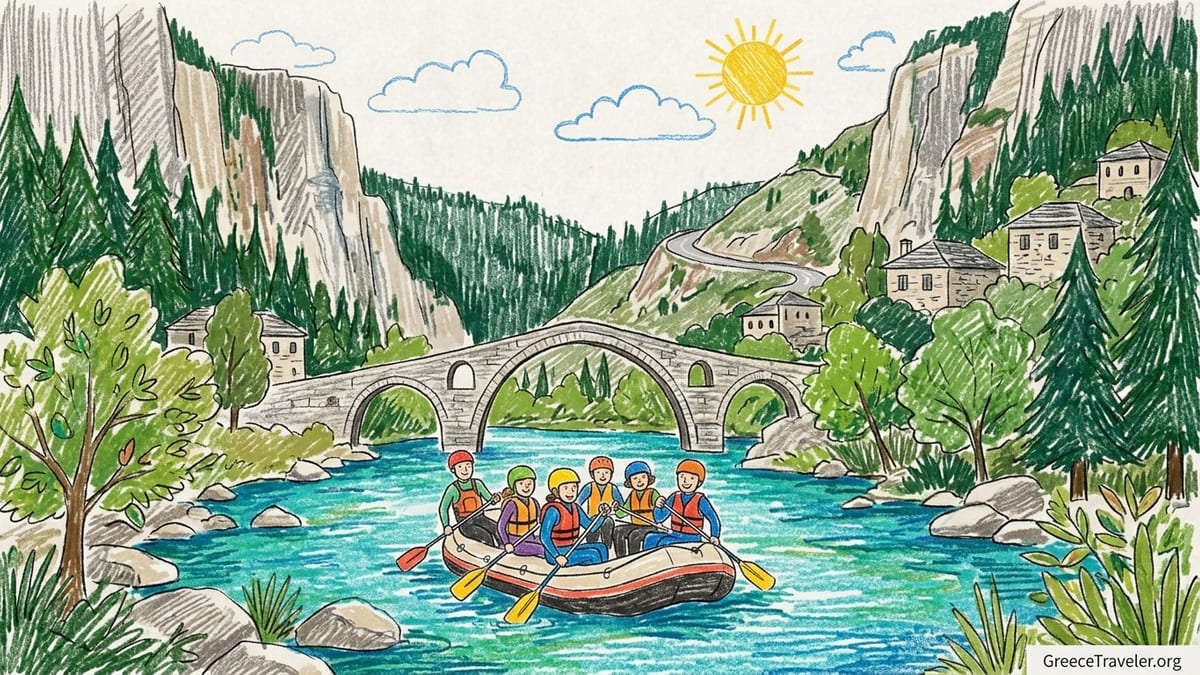 Guided rafting group in helmets floating on the clear Voidomatis River beneath a stone bridge in Zagori, Greece.