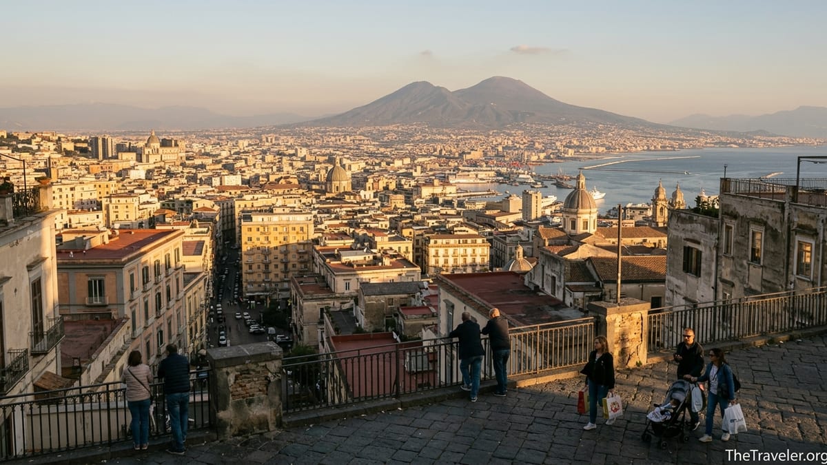 View over Naples and Mount Vesuvius from the Vomero hill at sunset.