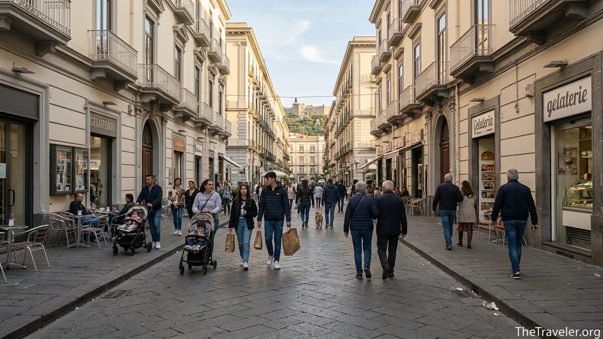 Golden hour street scene on Vomero’s pedestrian Via Scarlatti in Naples filled with locals, shops, and cafes.