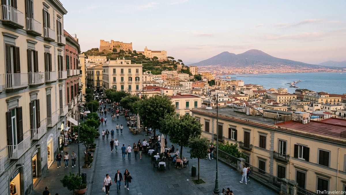Hilltop street in Vomero with cafes and views over Naples and Mount Vesuvius at sunset.
