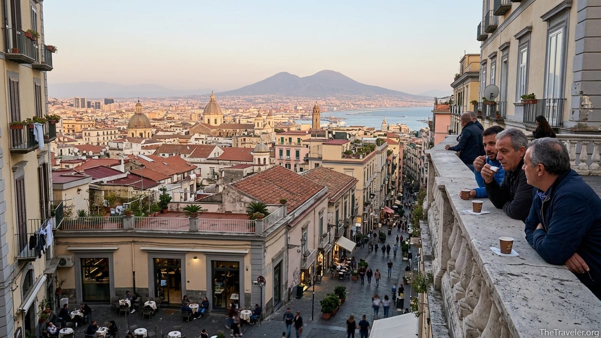 Evening view from Vomero over Naples and the bay, with locals at a hilltop terrace.