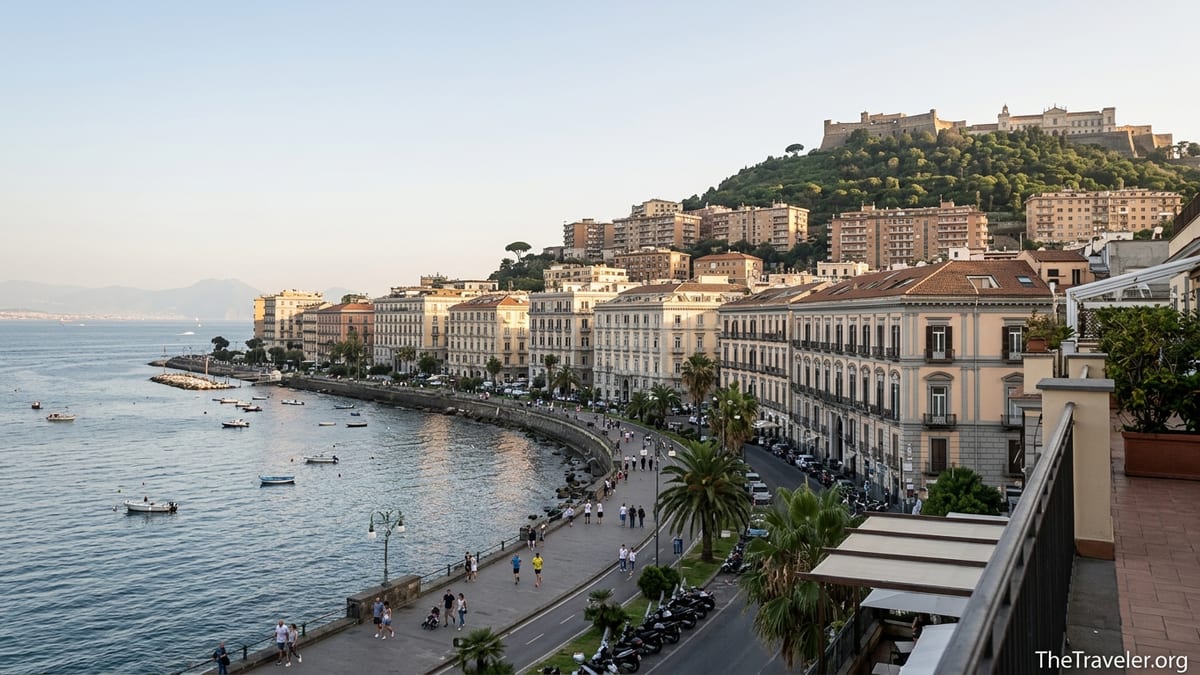 Aerial view of Naples showing Chiaia waterfront and hilltop Vomero at golden hour.