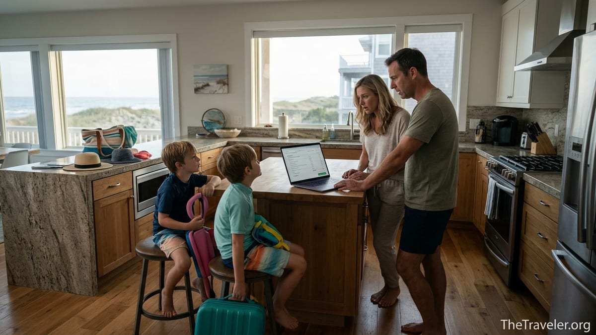 Family reviewing unexpected Vrbo booking fees on a laptop in a beach rental kitchen.