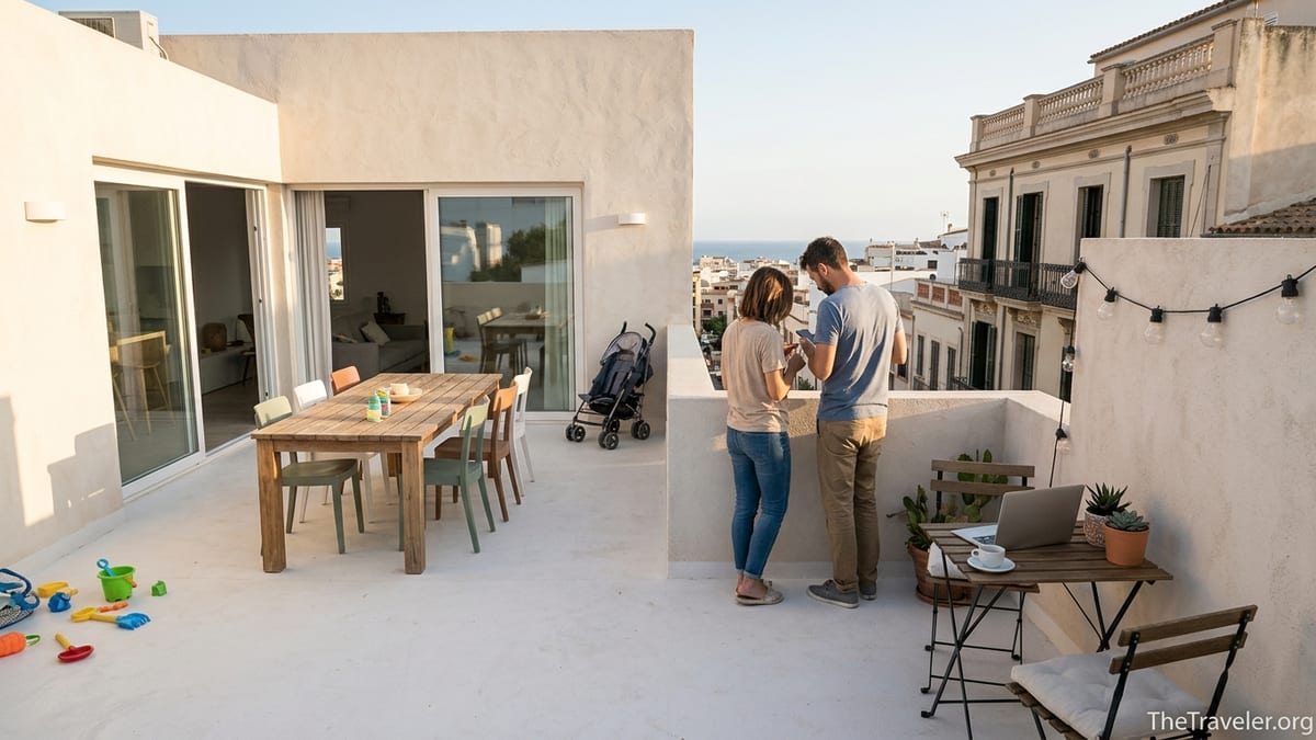 Couple on a Mediterranean rooftop terrace choosing between two different vacation rental styles.