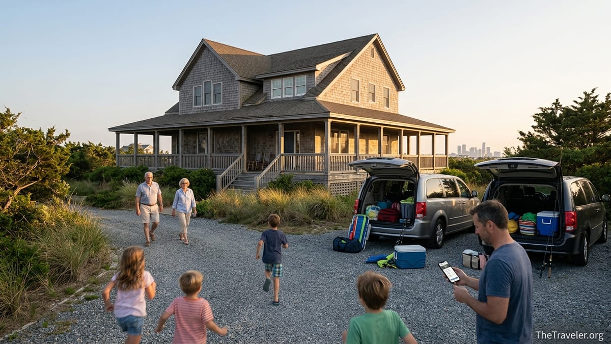 Family arriving at a coastal whole-home vacation rental, unloading luggage at sunset.
