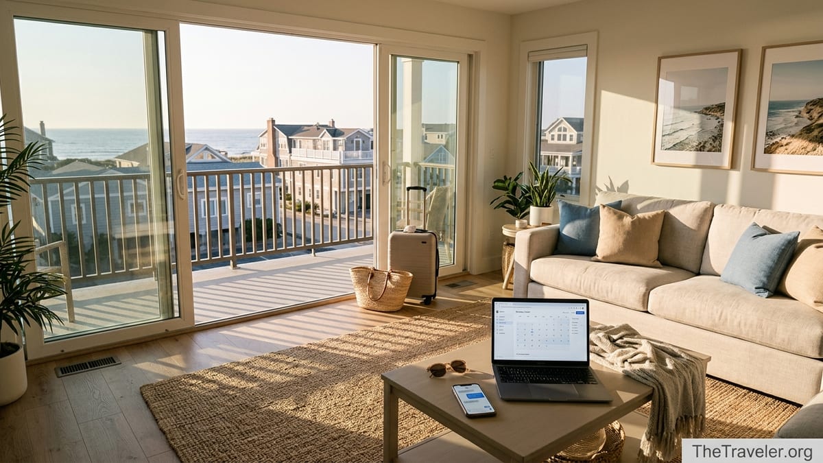 Vacation rental living room with ocean view and laptop showing booking calendar at sunset.