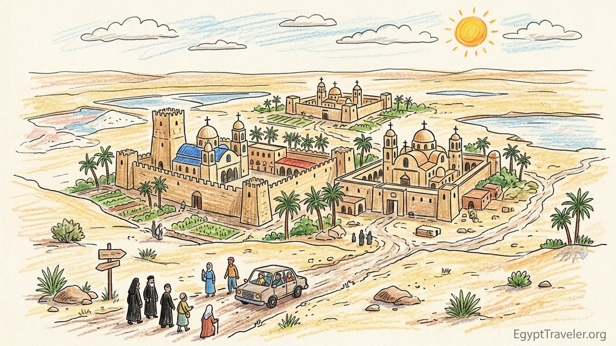 Fortified Coptic monastery with domes and tower in Wadi El Natrun at sunset