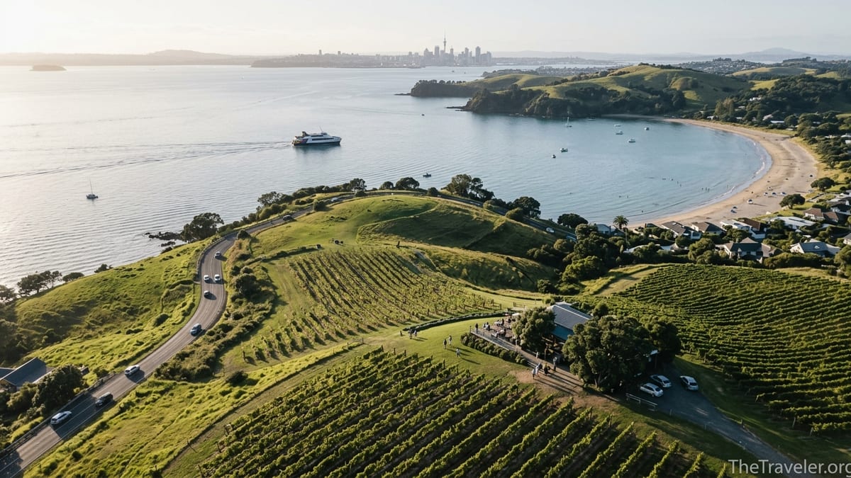 Aerial view of Waiheke Island showing vineyards, beach and ferry heading toward Auckland.