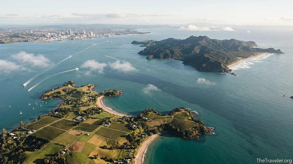 Aerial view of Waiheke Island vineyards and distant Great Barrier Island in the Hauraki Gulf.