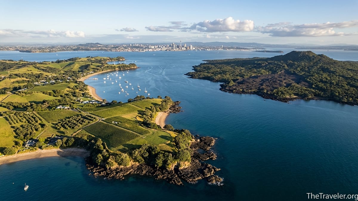 Aerial view of Waiheke’s vineyards and beaches contrasting with dark volcanic Rangitoto near Auckland.