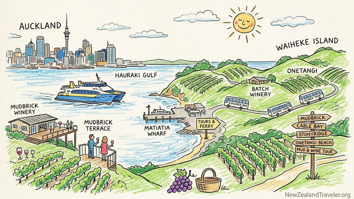 Travellers enjoying wine on a Waiheke Island vineyard terrace overlooking vines and the Hauraki Gulf.