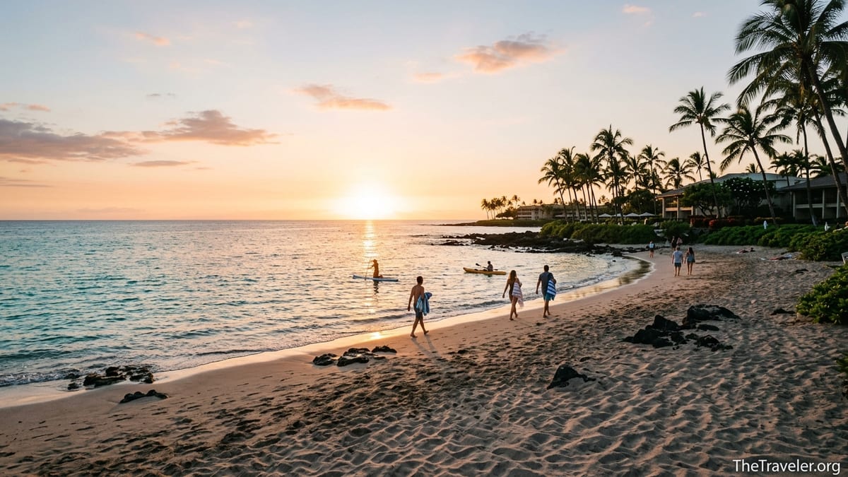 Golden hour view of ʻAnaehoʻomalu Bay near Waikoloa with calm water, sandy beach, and palm trees.
