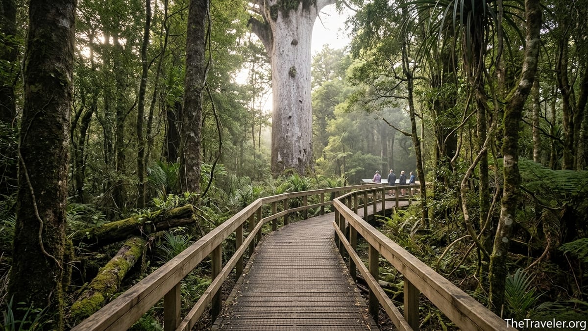 Boardwalk leading through Waipoua Forest toward towering kauri trees in soft afternoon light.