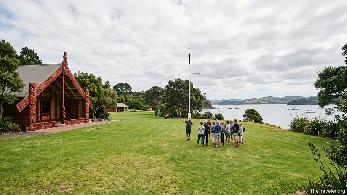 Waitangi Treaty Grounds with carved meeting house, flagstaff and Bay of Islands view.