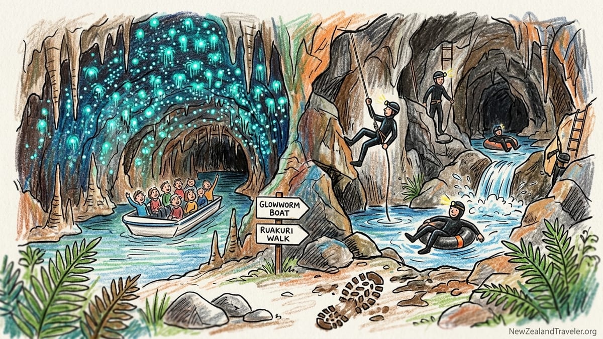 Adventurers in wetsuits tube along an underground river beneath glowworms in Waitomo’s Ruakuri Cave.