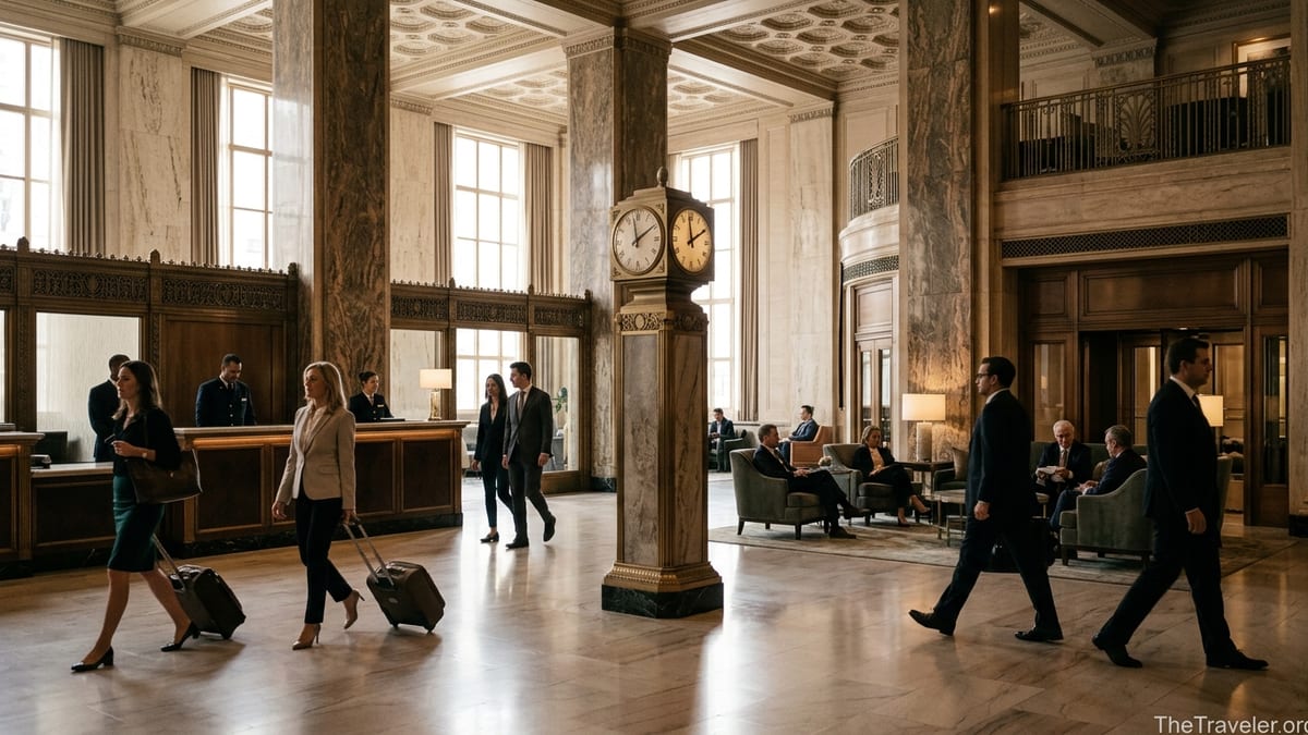 Art Deco lobby of Waldorf Astoria New York with guests and iconic central clock.